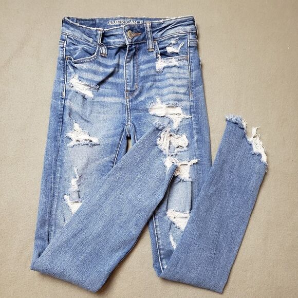 American Eagle Next Level Stretch X Size 0 Hi-Rise distressed Jegging - Picture 6 of 14
